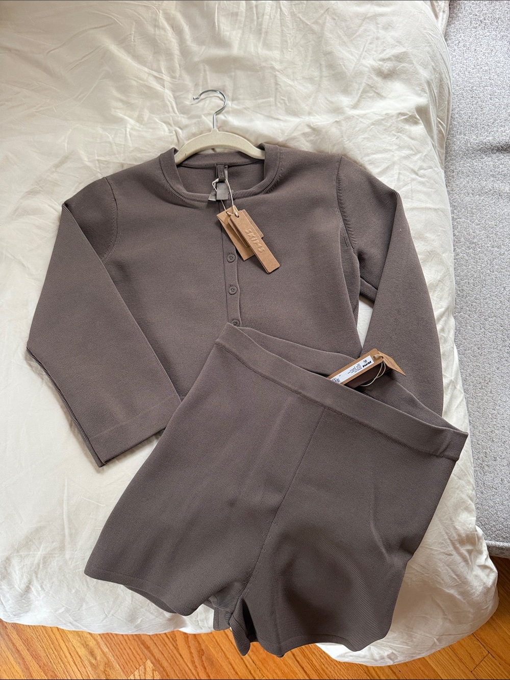SKIMS Neutral Brown Knit Button-Front Top & High-Waist Shorts Set
